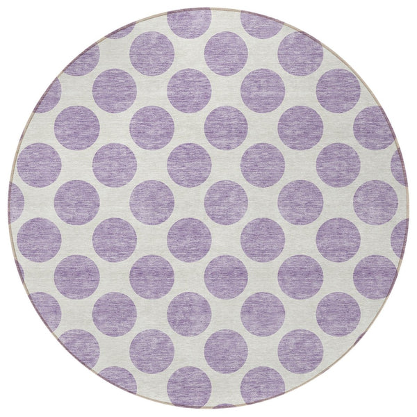 HomeRoots 5' Durable Lavender and Ivory Polka Dot Area Rug – Stylish, Washable, Indoor-Outdoor Charm for Homes 8' Round 614913