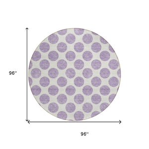 HomeRoots 5' Durable Lavender and Ivory Polka Dot Area Rug – Stylish, Washable, Indoor-Outdoor Charm for Homes 8' Round 614913