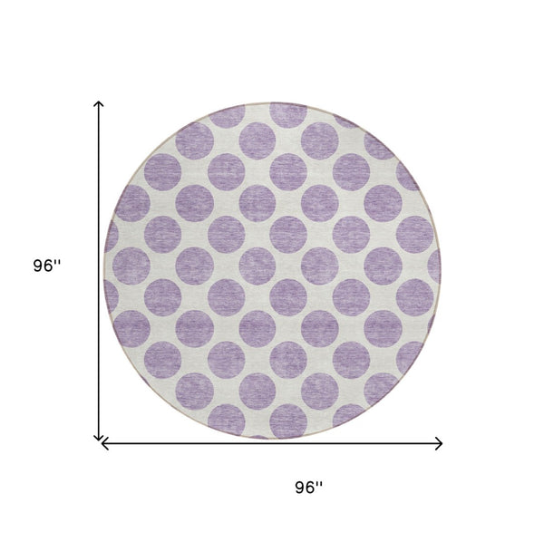 HomeRoots 5' Durable Lavender and Ivory Polka Dot Area Rug – Stylish, Washable, Indoor-Outdoor Charm for Homes 8' Round 614913