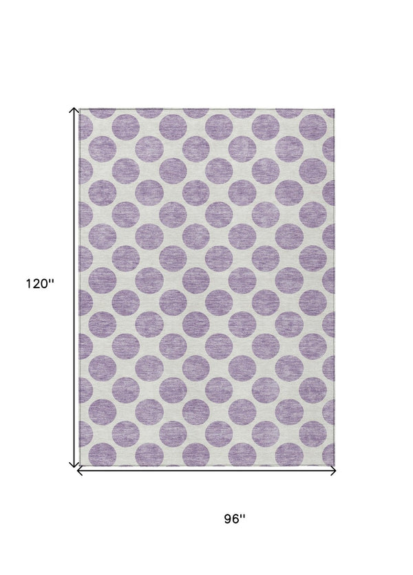 HomeRoots 5' Durable Lavender and Ivory Polka Dot Area Rug – Stylish, Washable, Indoor-Outdoor Charm for Homes 8' X 10' 614914
