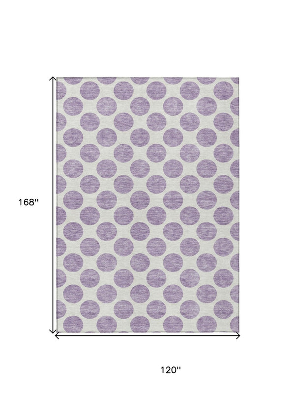 HomeRoots 5' Durable Lavender and Ivory Polka Dot Area Rug – Stylish, Washable, Indoor-Outdoor Charm for Homes 10' X 14' 614916