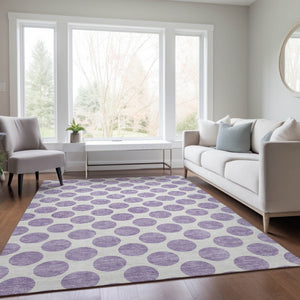 HomeRoots 5' Durable Lavender and Ivory Polka Dot Area Rug – Stylish, Washable, Indoor-Outdoor Charm for Homes 10' X 14' 614916