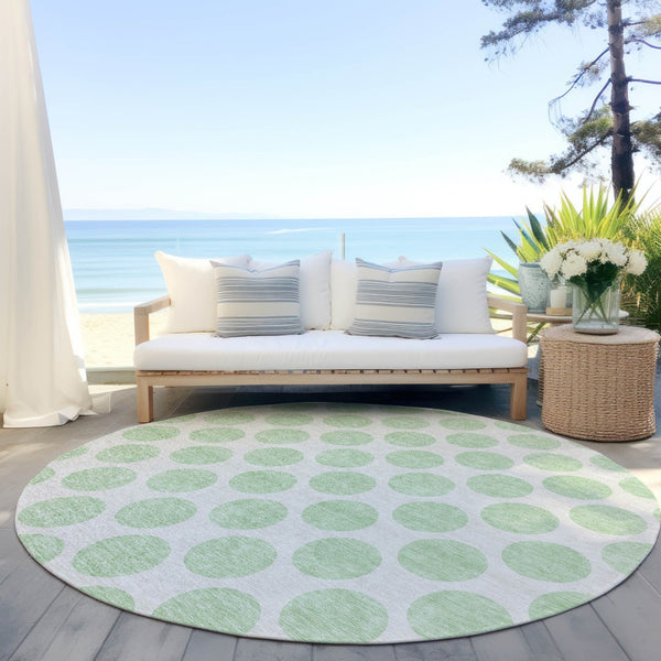 HomeRoots 5' Playful Mint Green and Ivory Polka Dot Area Rug – Durable, Washable Décor for Indoor and Outdoor Spaces 8' Round 614919