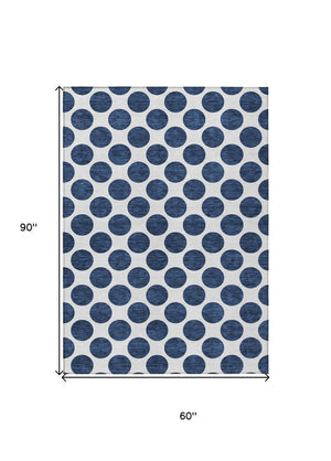 HomeRoots 5' Navy Blue and Ivory Polka Dot Indoor Outdoor Area Rug - Durable, Washable, Stylish Design for All Spaces 5' X 8' 614924