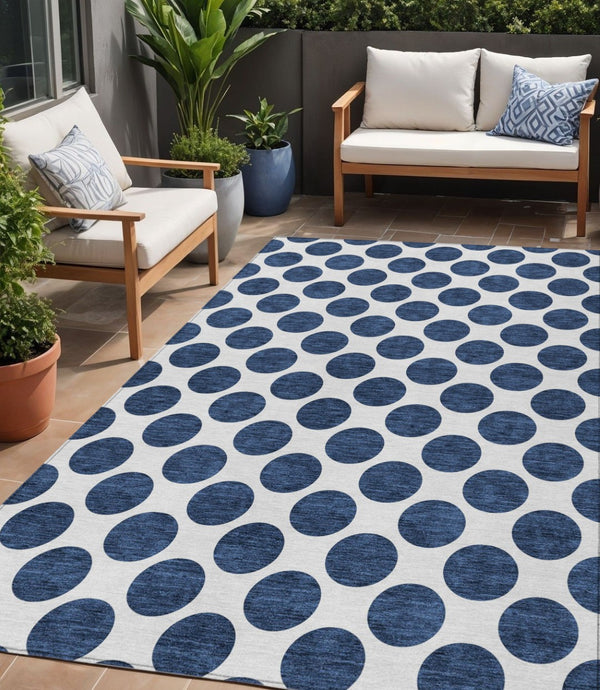 HomeRoots 5' Navy Blue and Ivory Polka Dot Indoor Outdoor Area Rug - Durable, Washable, Stylish Design for All Spaces 5' X 8' 614924