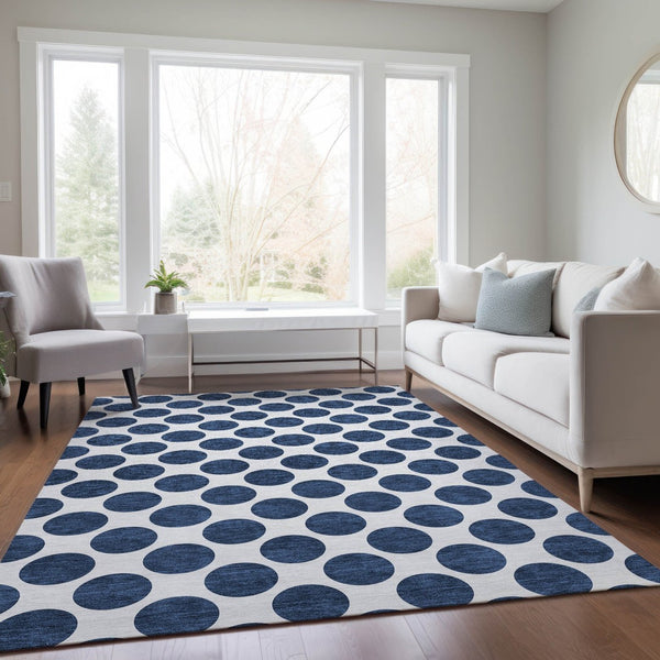 HomeRoots 5' Navy Blue and Ivory Polka Dot Indoor Outdoor Area Rug - Durable, Washable, Stylish Design for All Spaces 5' X 8' 614924