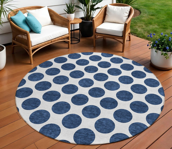 HomeRoots 5' Navy Blue and Ivory Polka Dot Indoor Outdoor Area Rug - Durable, Washable, Stylish Design for All Spaces 8' Round 614925