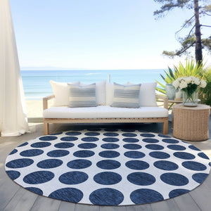 HomeRoots 5' Navy Blue and Ivory Polka Dot Indoor Outdoor Area Rug - Durable, Washable, Stylish Design for All Spaces 8' Round 614925