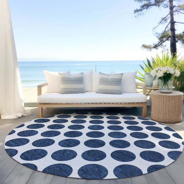 HomeRoots 5' Navy Blue and Ivory Polka Dot Indoor Outdoor Area Rug - Durable, Washable, Stylish Design for All Spaces 8' Round 614925