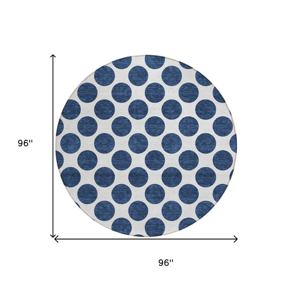 HomeRoots 5' Navy Blue and Ivory Polka Dot Indoor Outdoor Area Rug - Durable, Washable, Stylish Design for All Spaces 8' Round 614925