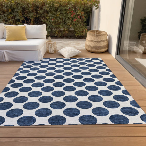 HomeRoots 5' Navy Blue and Ivory Polka Dot Indoor Outdoor Area Rug - Durable, Washable, Stylish Design for All Spaces 10' X 14' 614928
