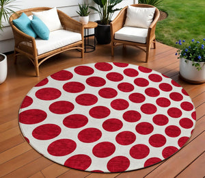HomeRoots 5' Polka Dot Washable Area Rug in Red and Ivory - Durable, Stain-Resistant for Indoor/Outdoor Use 8' Round 614937