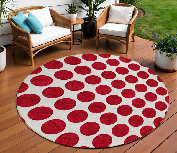 HomeRoots 5' Polka Dot Washable Area Rug in Red and Ivory - Durable, Stain-Resistant for Indoor/Outdoor Use 8' Round 614937
