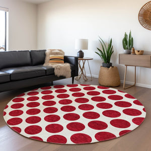 HomeRoots 5' Polka Dot Washable Area Rug in Red and Ivory - Durable, Stain-Resistant for Indoor/Outdoor Use 8' Round 614937