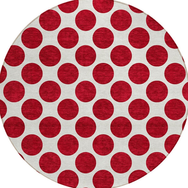 HomeRoots 5' Polka Dot Washable Area Rug in Red and Ivory - Durable, Stain-Resistant for Indoor/Outdoor Use 8' Round 614937