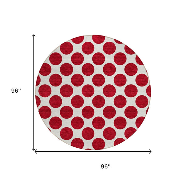 HomeRoots 5' Polka Dot Washable Area Rug in Red and Ivory - Durable, Stain-Resistant for Indoor/Outdoor Use 8' Round 614937
