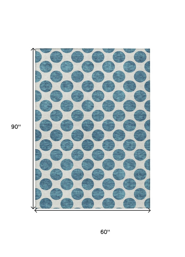 HomeRoots 5' Teal Blue and Ivory Polka Dot Area Rug – Stylish, Washable, Indoor/Outdoor Perfect for Any Space 5' X 8' 614942