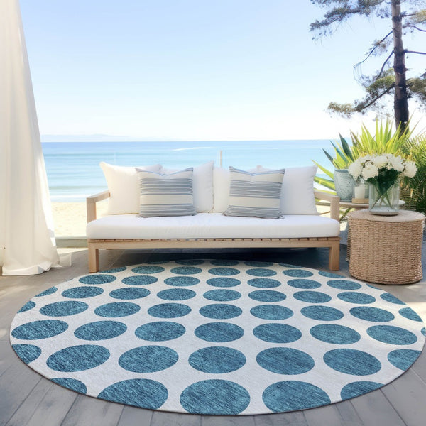 HomeRoots 5' Teal Blue and Ivory Polka Dot Area Rug – Stylish, Washable, Indoor/Outdoor Perfect for Any Space 8' Round 614943