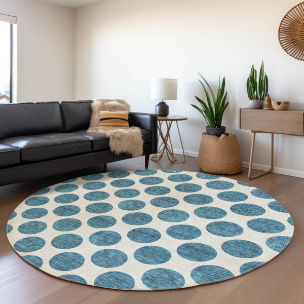 HomeRoots 5' Teal Blue and Ivory Polka Dot Area Rug – Stylish, Washable, Indoor/Outdoor Perfect for Any Space 8' Round 614943