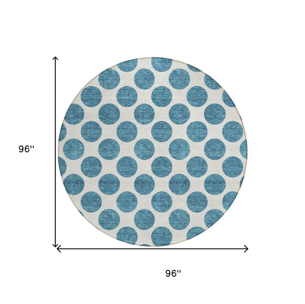HomeRoots 5' Teal Blue and Ivory Polka Dot Area Rug – Stylish, Washable, Indoor/Outdoor Perfect for Any Space 8' Round 614943