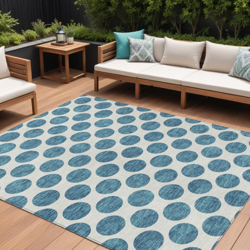 HomeRoots 5' Teal Blue and Ivory Polka Dot Area Rug – Stylish, Washable, Indoor/Outdoor Perfect for Any Space 10' X 14' 614946