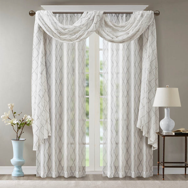 English Elm Diamond Irina Sheer Embroidered Window Scarf 50x216" – Elegant Neutral Diamond Pattern, Soft Polyester Drapery Decor adding Grace and Light to Any Room B03598184