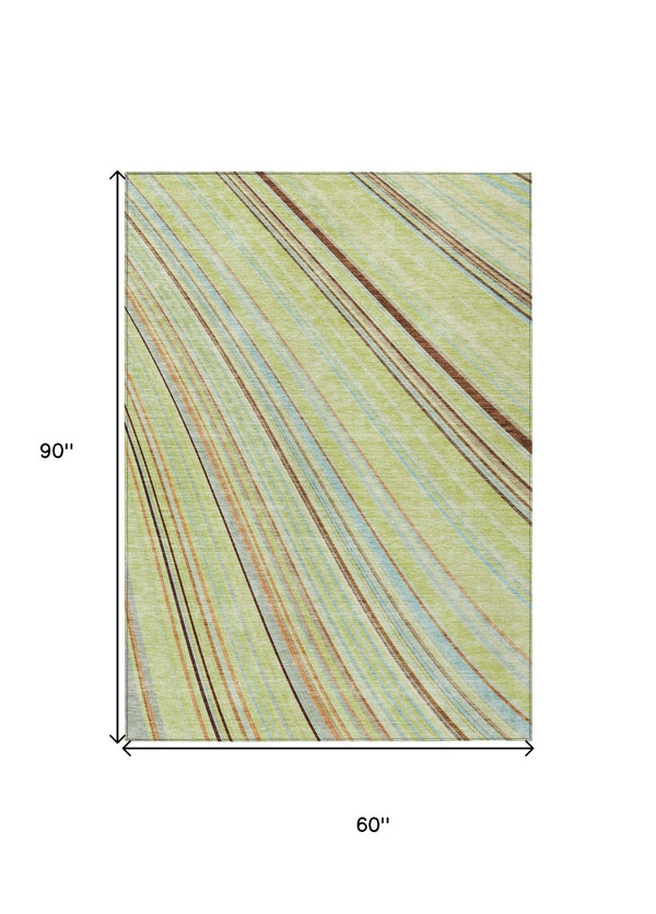 HomeRoots 5' Versatile Sage Brown and Sky Blue Striped Area Rug for Indoor and Outdoor Spaces, Easy Care 5' X 8' 614948