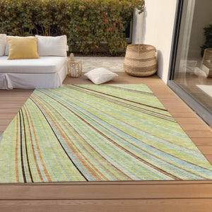 HomeRoots 5' Versatile Sage Brown and Sky Blue Striped Area Rug for Indoor and Outdoor Spaces, Easy Care 5' X 8' 614948