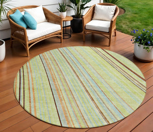 HomeRoots 5' Versatile Sage Brown and Sky Blue Striped Area Rug for Indoor and Outdoor Spaces, Easy Care 8' Round 614949