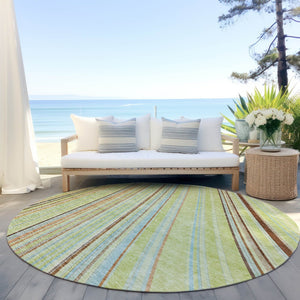 HomeRoots 5' Versatile Sage Brown and Sky Blue Striped Area Rug for Indoor and Outdoor Spaces, Easy Care 8' Round 614949