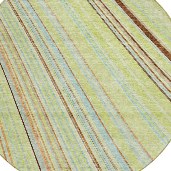 HomeRoots 5' Versatile Sage Brown and Sky Blue Striped Area Rug for Indoor and Outdoor Spaces, Easy Care 8' Round 614949