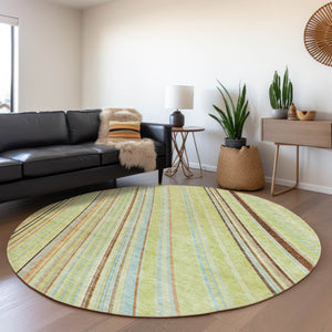 HomeRoots 5' Versatile Sage Brown and Sky Blue Striped Area Rug for Indoor and Outdoor Spaces, Easy Care 8' Round 614949