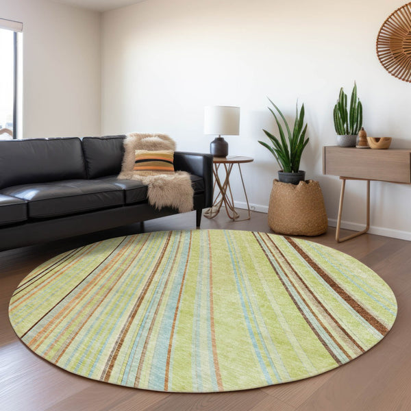HomeRoots 5' Versatile Sage Brown and Sky Blue Striped Area Rug for Indoor and Outdoor Spaces, Easy Care 8' Round 614949