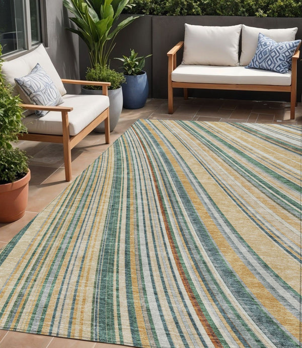 HomeRoots 5' Stylish Beige Gold and Sage Striped Area Rug - Durable, Washable, Perfect for Indoor and Outdoor Use 5' X 8' 614954