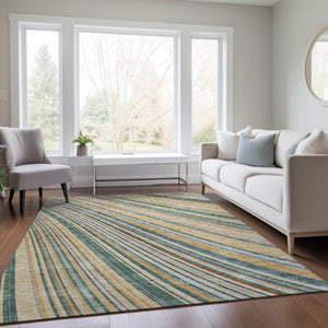 HomeRoots 5' Stylish Beige Gold and Sage Striped Area Rug - Durable, Washable, Perfect for Indoor and Outdoor Use 5' X 8' 614954
