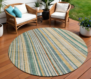 HomeRoots 5' Stylish Beige Gold and Sage Striped Area Rug - Durable, Washable, Perfect for Indoor and Outdoor Use 8' Round 614955