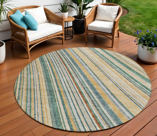 HomeRoots 5' Stylish Beige Gold and Sage Striped Area Rug - Durable, Washable, Perfect for Indoor and Outdoor Use 8' Round 614955
