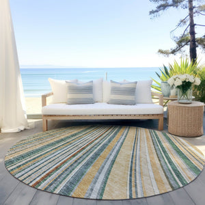 HomeRoots 5' Stylish Beige Gold and Sage Striped Area Rug - Durable, Washable, Perfect for Indoor and Outdoor Use 8' Round 614955