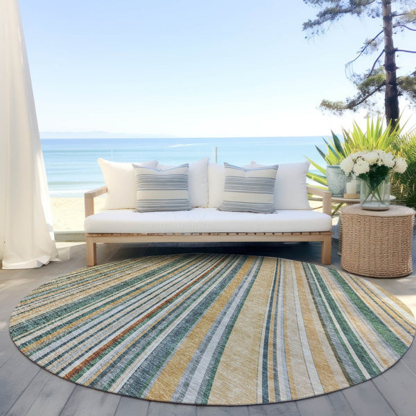 HomeRoots 5' Stylish Beige Gold and Sage Striped Area Rug - Durable, Washable, Perfect for Indoor and Outdoor Use 8' Round 614955