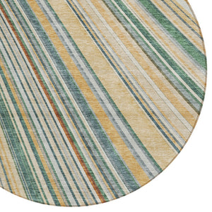HomeRoots 5' Stylish Beige Gold and Sage Striped Area Rug - Durable, Washable, Perfect for Indoor and Outdoor Use 8' Round 614955