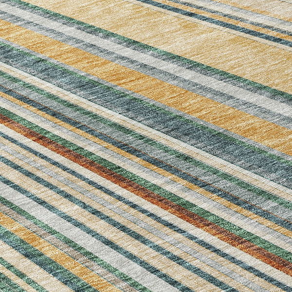 HomeRoots 5' Stylish Beige Gold and Sage Striped Area Rug - Durable, Washable, Perfect for Indoor and Outdoor Use 8' Round 614955