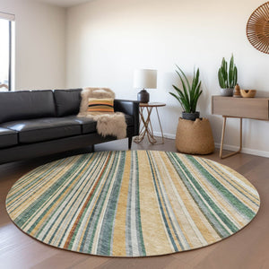 HomeRoots 5' Stylish Beige Gold and Sage Striped Area Rug - Durable, Washable, Perfect for Indoor and Outdoor Use 8' Round 614955
