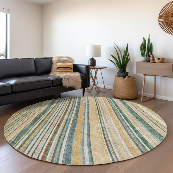 HomeRoots 5' Stylish Beige Gold and Sage Striped Area Rug - Durable, Washable, Perfect for Indoor and Outdoor Use 8' Round 614955