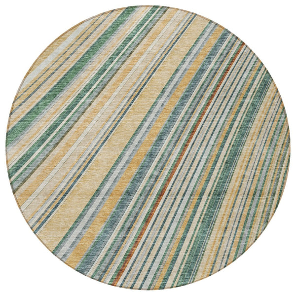 HomeRoots 5' Stylish Beige Gold and Sage Striped Area Rug - Durable, Washable, Perfect for Indoor and Outdoor Use 8' Round 614955