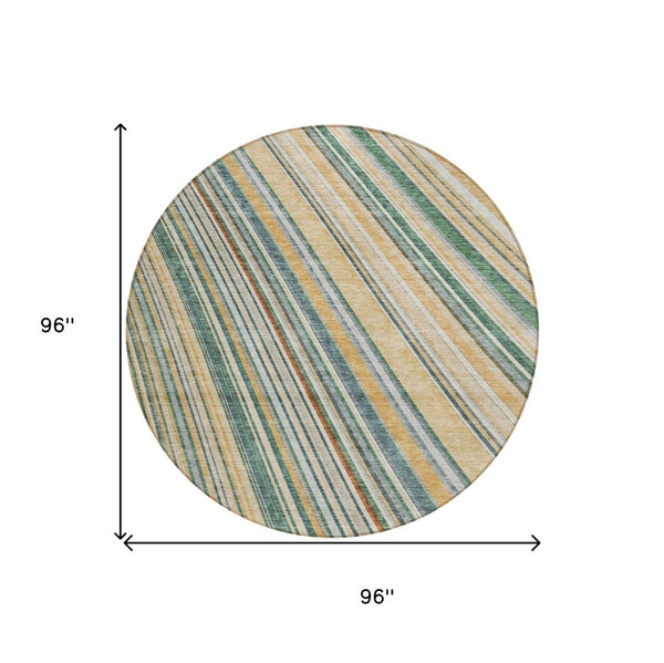 HomeRoots 5' Stylish Beige Gold and Sage Striped Area Rug - Durable, Washable, Perfect for Indoor and Outdoor Use 8' Round 614955