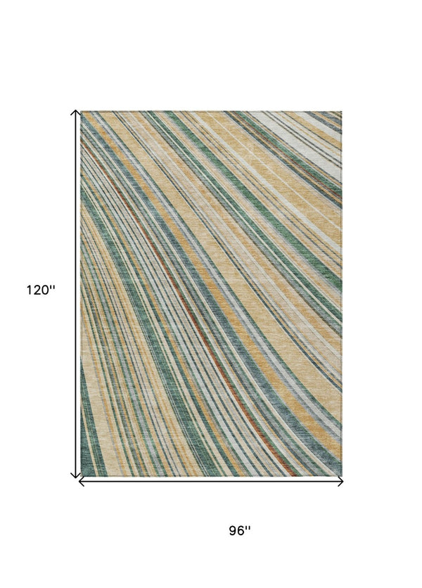 HomeRoots 5' Stylish Beige Gold and Sage Striped Area Rug - Durable, Washable, Perfect for Indoor and Outdoor Use 8' X 10' 614956