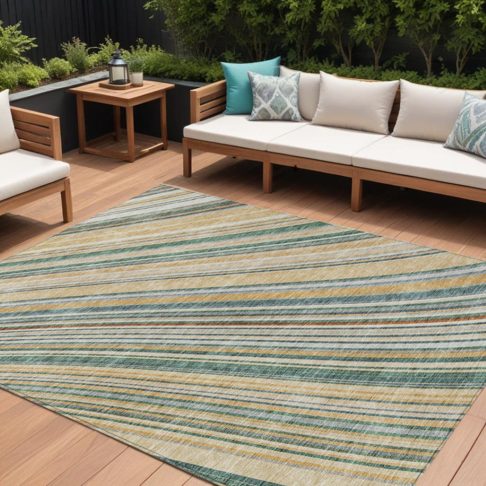 HomeRoots 5' Stylish Beige Gold and Sage Striped Area Rug - Durable, Washable, Perfect for Indoor and Outdoor Use 8' X 10' 614956