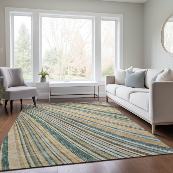 HomeRoots 5' Stylish Beige Gold and Sage Striped Area Rug - Durable, Washable, Perfect for Indoor and Outdoor Use 8' X 10' 614956