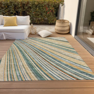 HomeRoots 5' Stylish Beige Gold and Sage Striped Area Rug - Durable, Washable, Perfect for Indoor and Outdoor Use 9' X 12' 614957