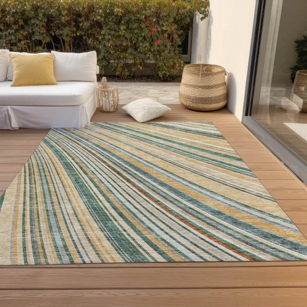 HomeRoots 5' Stylish Beige Gold and Sage Striped Area Rug - Durable, Washable, Perfect for Indoor and Outdoor Use 9' X 12' 614957